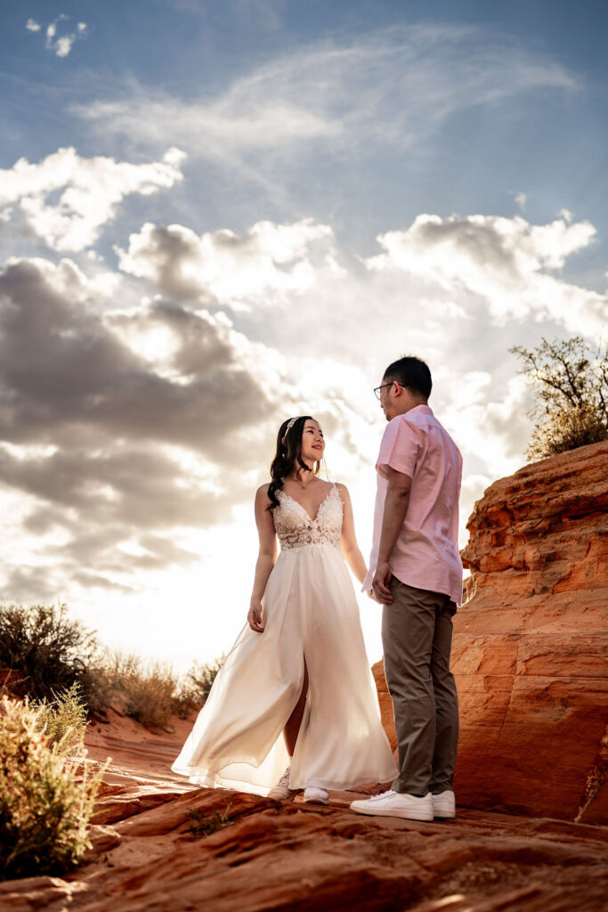 couple looks into each other's eyes during pre wedding photos
