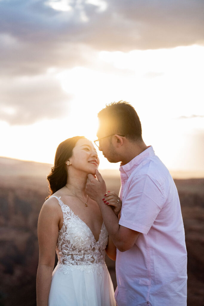 couple looks into each other's eyes during pre wedding photos