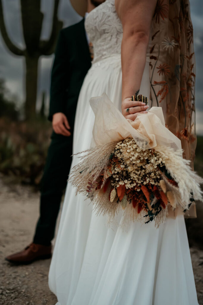 detail shot of wedding bouquet from western themed wedding