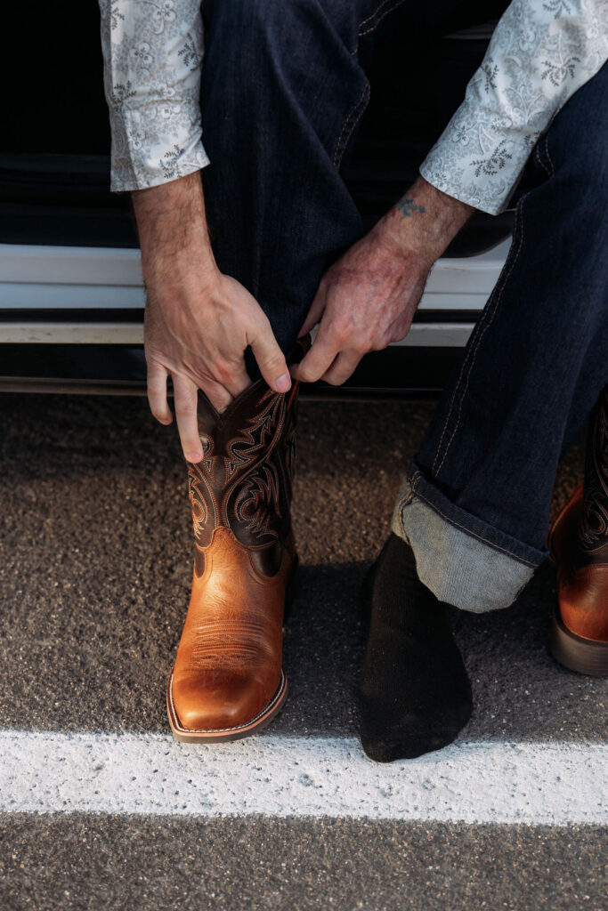 detail shot of boots for western themed wedding