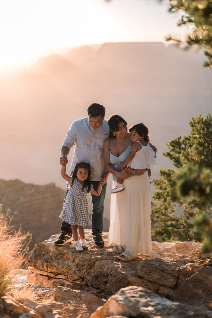 marriage proposal ideas of a family posing together on rocky ledge at the Grand Canyon