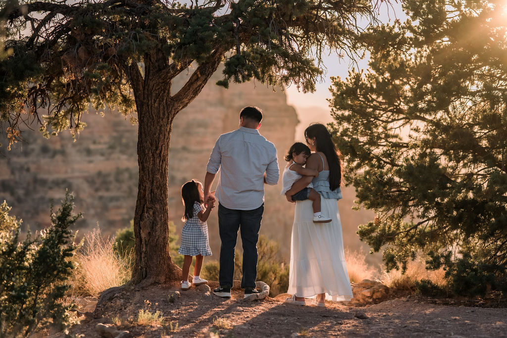 marriage proposal ideas of a family posing together on rocky ledge at the Grand Canyon