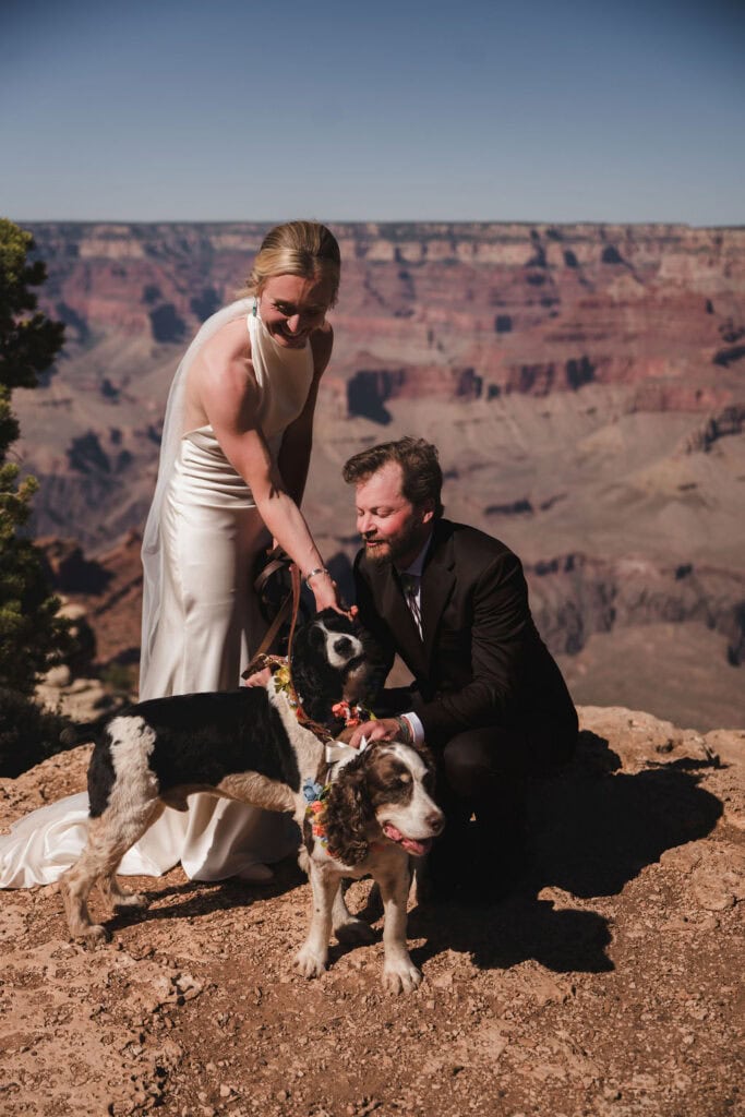 couple holds dogs at Grand Canyon elopement