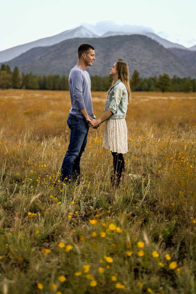 couple holds hands at Flagstaff engagement